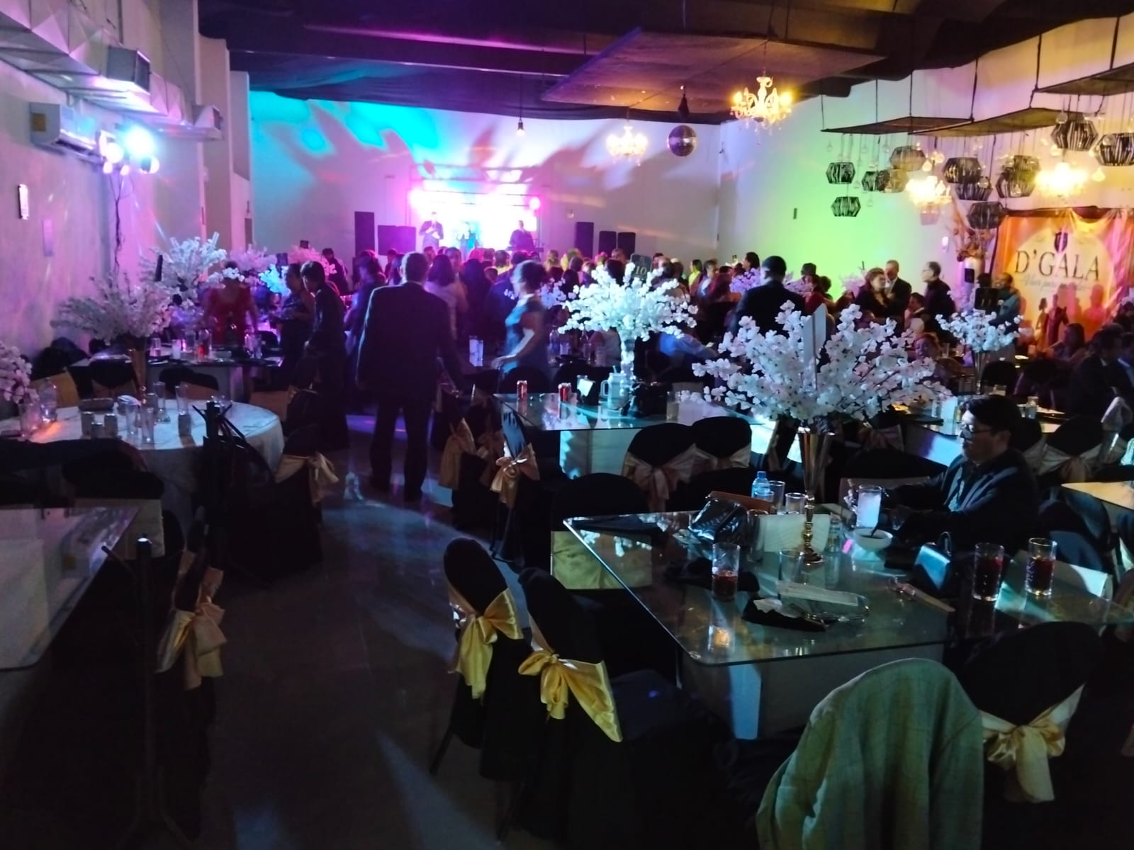 Vista Panorámica del Salón Lleno de Invitados Durante Festejo Nocturno de XV Años