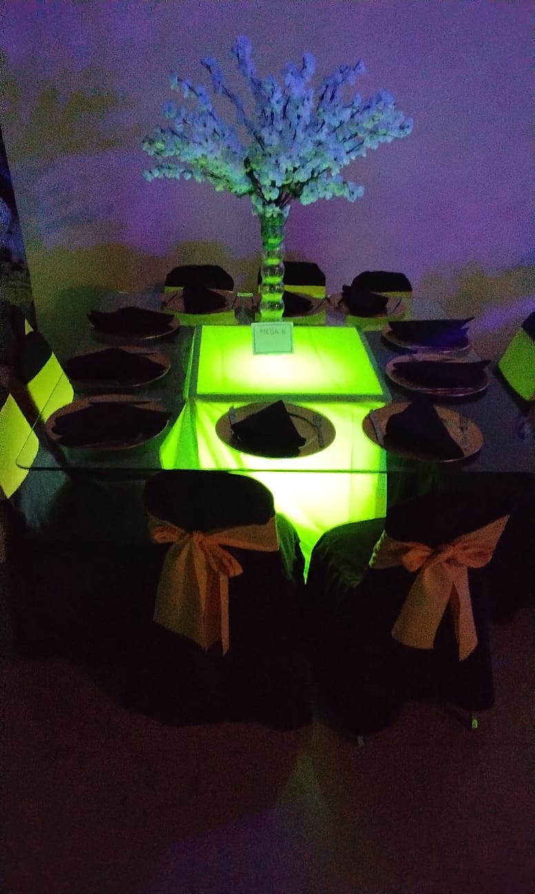 Mesa Cubo de Luz Verde Neón con Florero Alto de Cerezo Blanco y Sillas Negras Vestidas
